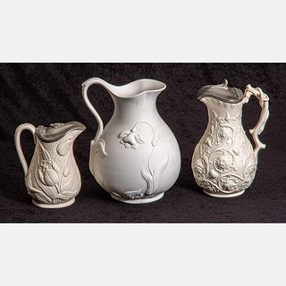 Three Porcelain Salt Glazed and Bisque Porcelain Pitchers
