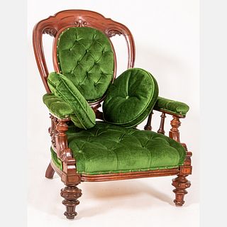 Victorian Carved Mahogany and Green Velvet Upholstered Arm Chair