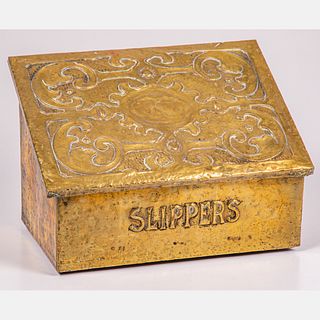  English Repousse Brass and Wood Slipper Box