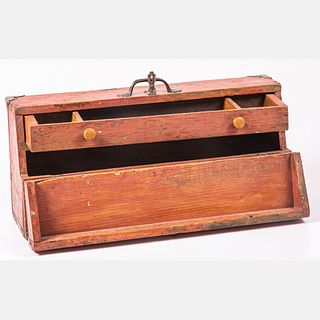 American Painted Wood, Metal and Brass Toolbox