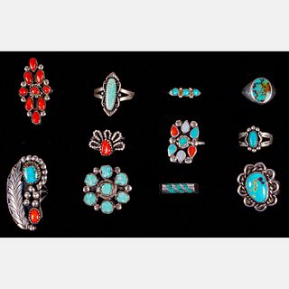 Eleven Mexican and Navajo Silver and Sterling Silver Coral and Turquoise Rings
