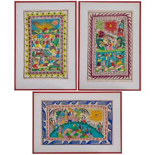 Three Mexican Folk Art Gouache Paintings 