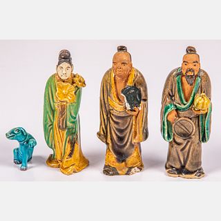 Three Chinese Glazed Pottery Figures with Dog