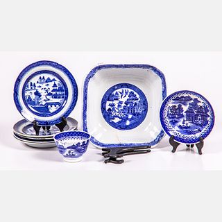 English Ironstone Blue Willow Transfer Printed Plates, Bowls and Cups