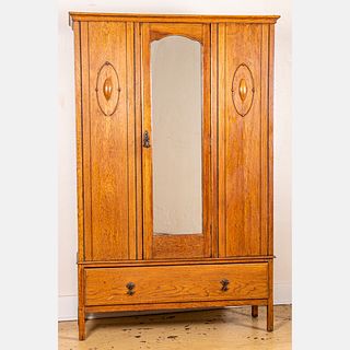 American Oak and Mirror Armoire with Drawer