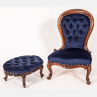 Victorian Style Mahogany and Blue Velvet  Parlor Chair and Foot Rest