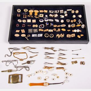 Collection of Vintage Plated Low Karat Gold and Silver Cufflinks, Tie Pins and Tuxedo Buttons