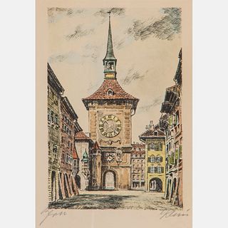 Two Hand Colored Lithographs Zytglogge Tower, Bern