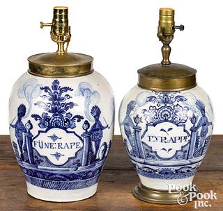 Two Delft blue and white tobacco jar table lamps