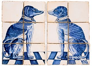 Pair of Delft six tile plaques of a dog, 18th c.