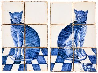 Pair of Delft six tile plaques of a cat, 18th c.