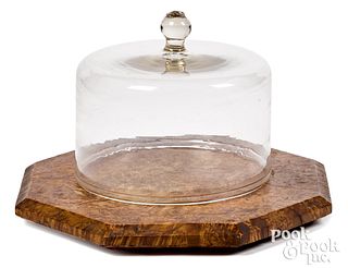 Octagonal burlwood cake platter with glass dome
