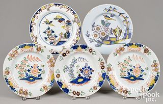 Five similar Dutch polychrome plates, 18th c.