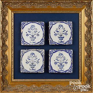Two framed groups of blue and white Delft tiles
