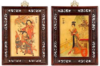 Pair, Chinese Hardstone Polychromed Wall Plaques
