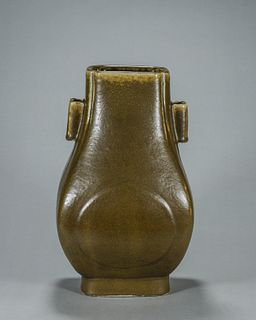 A tea dust glazed porcelain double-eared vase