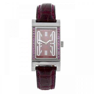 BULGARI - a lady's Rettangolo wrist watch. Stainless steel case with a row of factory set pink stone