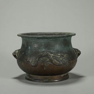 A dragon and phoenix patterned copper censer with beast shaped ears