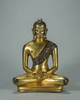 A silver-inlaid copper Amitabha buddha statue
