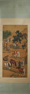 A Chinese horse silk scroll painting, Lang Shining mark