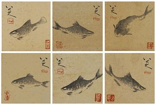 6 pages of Chinese fish painting, Zhuda mark