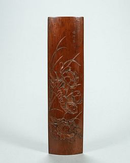 A lotus pond carved bamboo arm rest