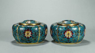 A pair of flower patterned melon shaped cloisonne incense burners