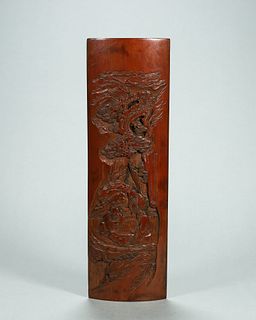 A figure carved bamboo arm rest