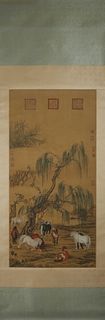 A Chinese horse silk scroll painting, Lang Shining mark