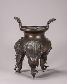 A gold sprinkled copper three-legged censer with ruyi shaped ears