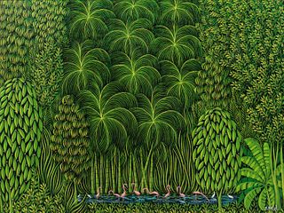 Henri-Robert Brésil (Haitian, 1952-1999), Forest with Flamingos