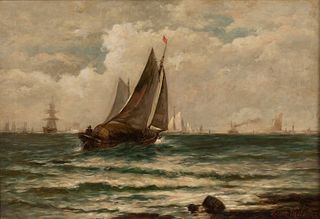 Robert Mols (Belgian, 1848-1903), Vessel Heading Out into a Busy Harbor