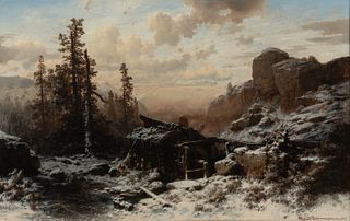 August Richard Zimmermann (German, 1820-1875), A Mill in a Mountainous Winter Landscape