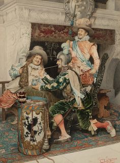 Giuseppe Signorini (Italian, 1857-1932), Three Jovial Cavaliers Relaxing by a Hearth