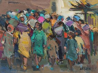 Khalid Al-Jadir (Iraqi, 1924-1988), Colorful Figures on a Crowded Street