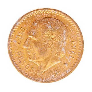 Moneda de 10 pesos oro amarillo de 21k. Peso: 8.2 g.