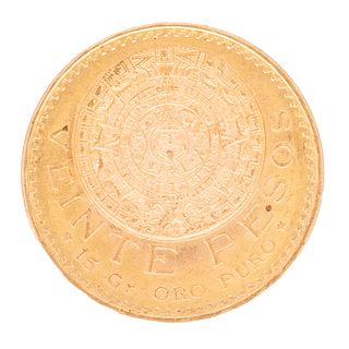 Moneda de 20 pesos en oro amarillo de 21k. Peso: 16.6 g.