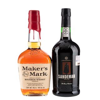 Lote de Bourbon y Oporto. Marker's Mark. Sandeman. En presentaciones de 750 ml. Total de piezas: 2.