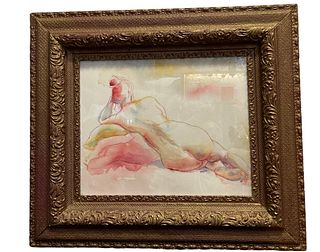 Signed French Mid Century Watercolor of a Nude