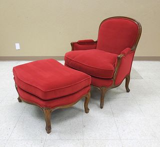 Provincial Style Red Upholstered Armchair & Ottoman.