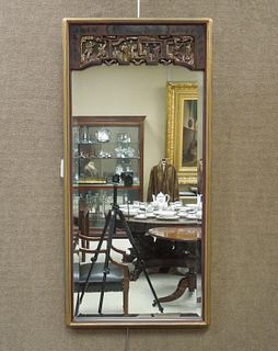 Oriental Gilt & Red Lacquered Wood Frame Mirror.