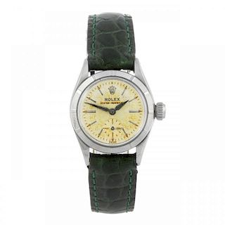 ROLEX - a lady's Oyster Perpetual wrist watch. Circa 1957. Stainless steel case with engine turned b