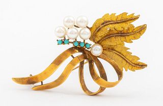 18K Yellow Gold Pearls & Turquoise Brooch