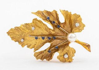 18K Yellow Gold Pearl Diamond & Sapphire Brooch
