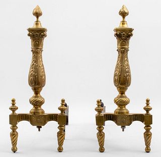 French Louis XIV Manner Gilt Brass Andirons, Pr