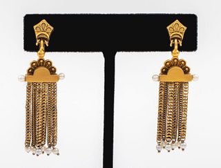 Etruscan Revival 14K Gold Tassel Pearl Earrings