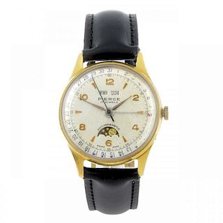 PIERCE - a gentleman's triple date wrist watch. Gold plated case with stainless steel case back. Sig