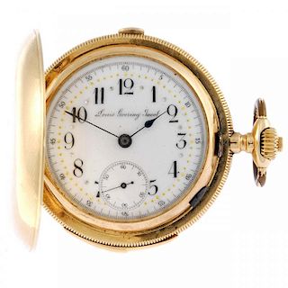 A full hunter quarter repeater pocket watch by Louis Goering Jacot. Yellow metal case, stamped 14K.