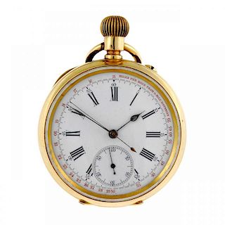 An open face chronograph pocket watch. Yellow metal case, stamped 18K with poincon. Unsigned keyless