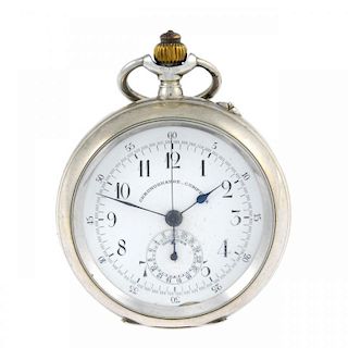 An open face chronograph pocket watch. White metal case, stamped 0,800 with poincon. Unsigned keyles